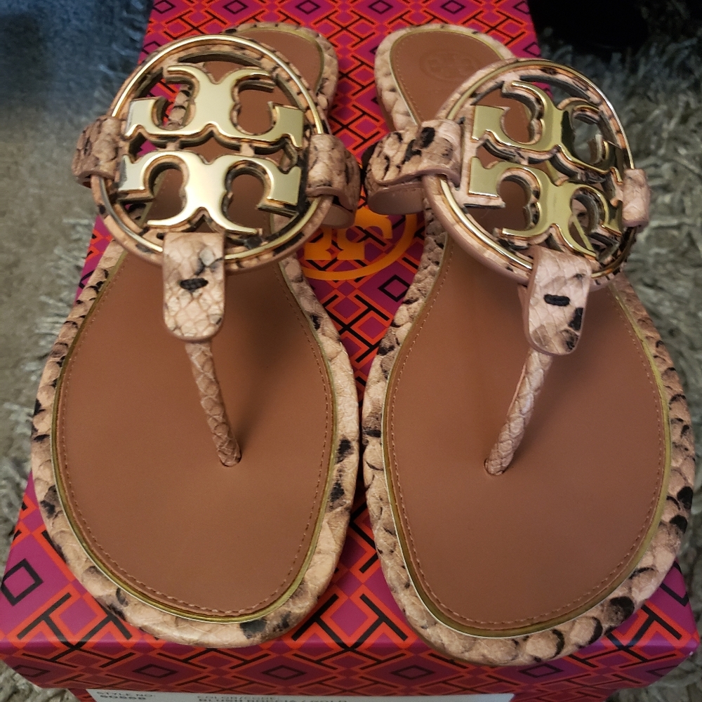 Tory Burch Women's Metal Milket Snake Printef Leather Sandals